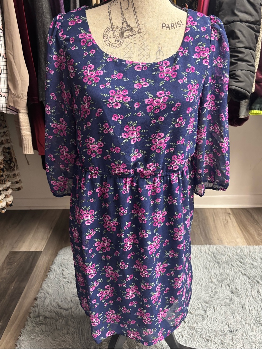 Y2K Navy Blue and Floral Print Dress